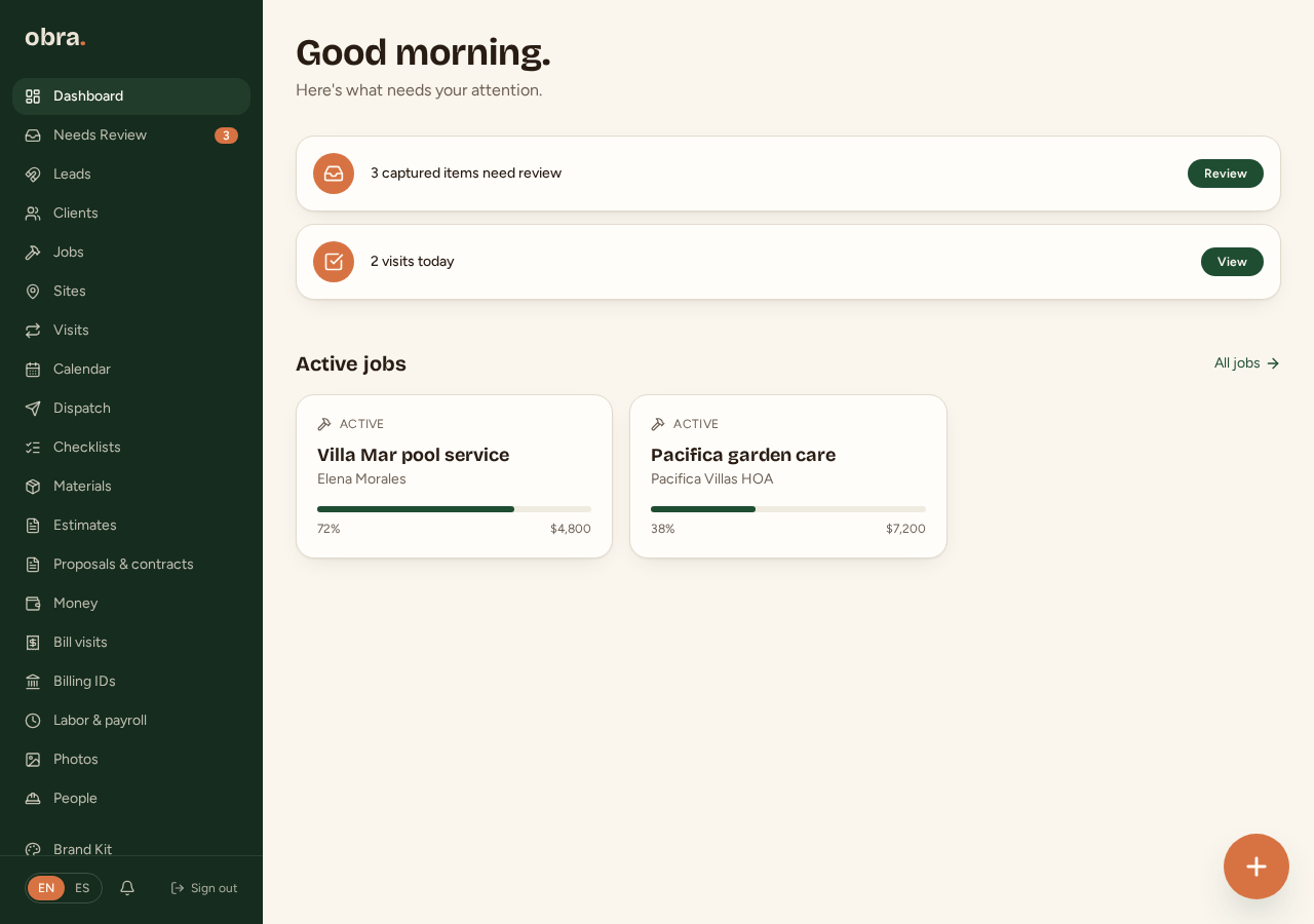 Obra dashboard showing fictional Cedar & Coast jobs and today's visits